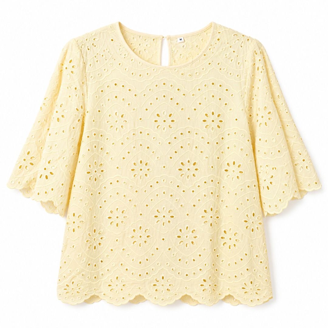 Yellow Eyelet Top With Scallop Trim (Category: Blouses) located in Quezon City. Submitted by qratedmnl (Listing ID 1445416642, Image 2). Description: 📌 ITEM DESCRIPTION Yellow eyelet blouse with scallop trim . Unlined. Keyhole back closure. Medium on tag. Approximate measurements when laid flat: Shoulder: 15 inches Bust: 17 inches Length: 24 inches Sleeve: 12 inches Condition: Very Good 📌 ITEM CONDITION GUIDE BNWT - Brand new with tags BNWOT - 