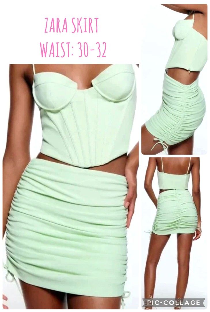 (L) ZARA Mint Green Ruched Drawstring Mini Skirt (Category: Skirts) located in Marikina City. Submitted by marrisoncollection (Listing ID 1445287492, Image 1). Description: - Mint green ruched mini skirt - Brand: ZARA - Features adjustable drawstring sides for a custom fit - Zipper closure at the back - Versatile: great for a night out or casual day - Style tip: Pair with a cute top -like new no flaws -color still excellent RFS: decluttering/down