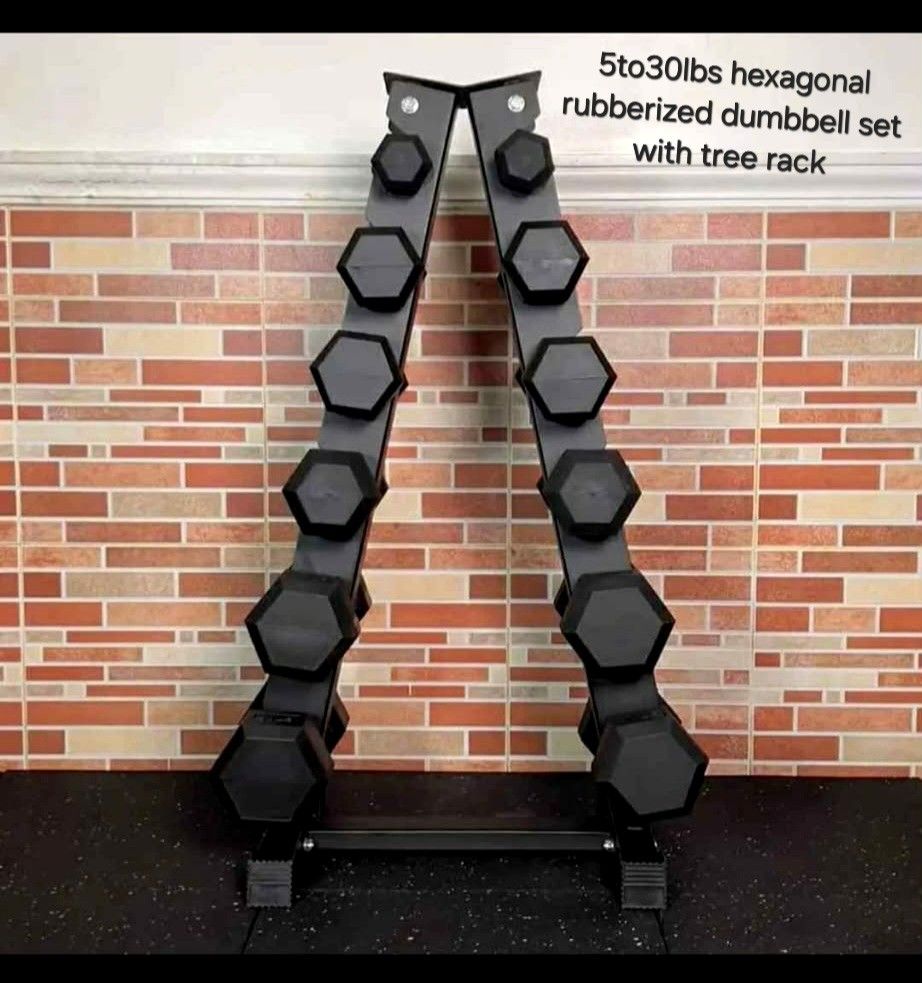 5to30lbs hexagonal rubberized dumbbell set with rack (Category: Weights & Dumbbells) located in Valenzuela. Submitted by carlo_023 (Listing ID 1445606698, Image 2). Description: .