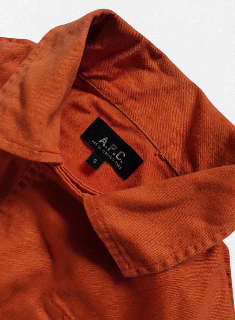 A.P.C. Orange Utility Jacket Size S (Category: Coats, Jackets and Outerwear) located in Baguio. Submitted by re_cycle2600 (Listing ID 1445441103, Image 2). Description: - A.P.C. Paris utility jacket - Made in France - Classic collar - Multiple front pockets - 100% Cotton - Dry clean only - Ideal for layering.