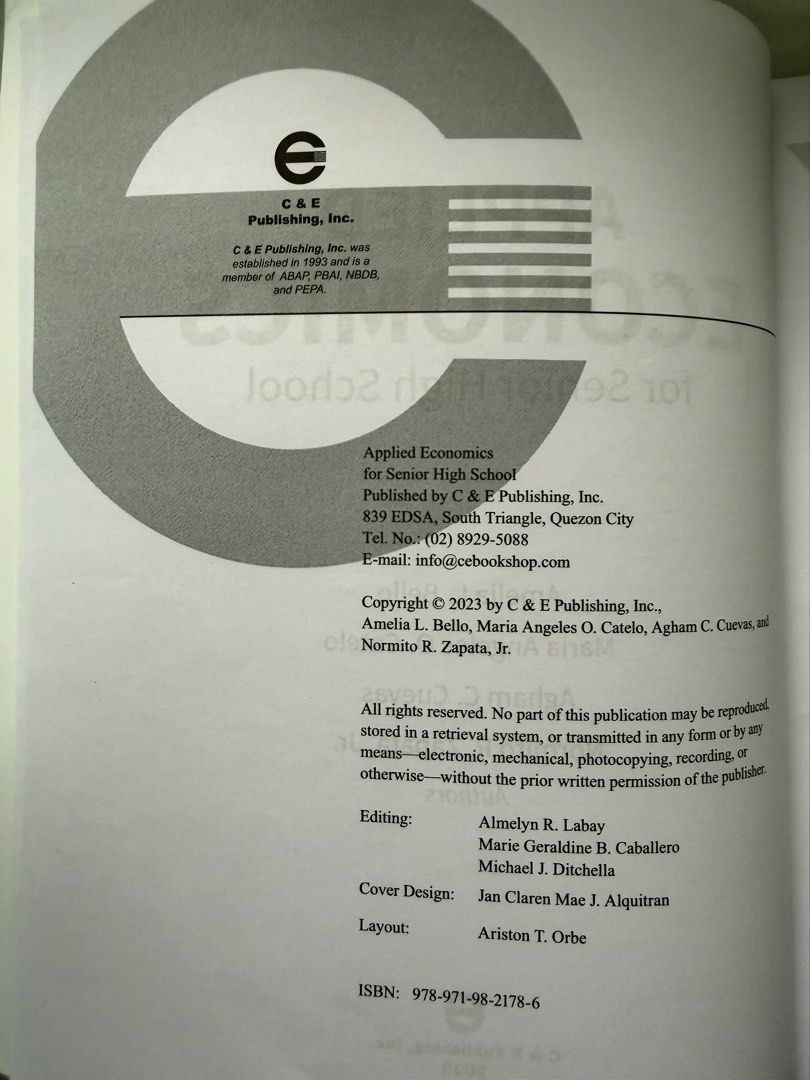 Applied Economics for Senior High School (C&E Publishing) (Category: Textbooks) located in Bulacan. Submitted by chrmnd (Listing ID 1445479798, Image 3). Description: ⭐️ Applied Economics for Senior High School - Complete pages - No handwritings - Barely used - ₱300 - rfs: just graduated shs! ++ decluttering prices are also negotiable :)) mop: gcash/cash if meetup mod: lalamove (sf by buyer)/meetup 📍 UST Manila/Meycauayan, Bulacan can send more 