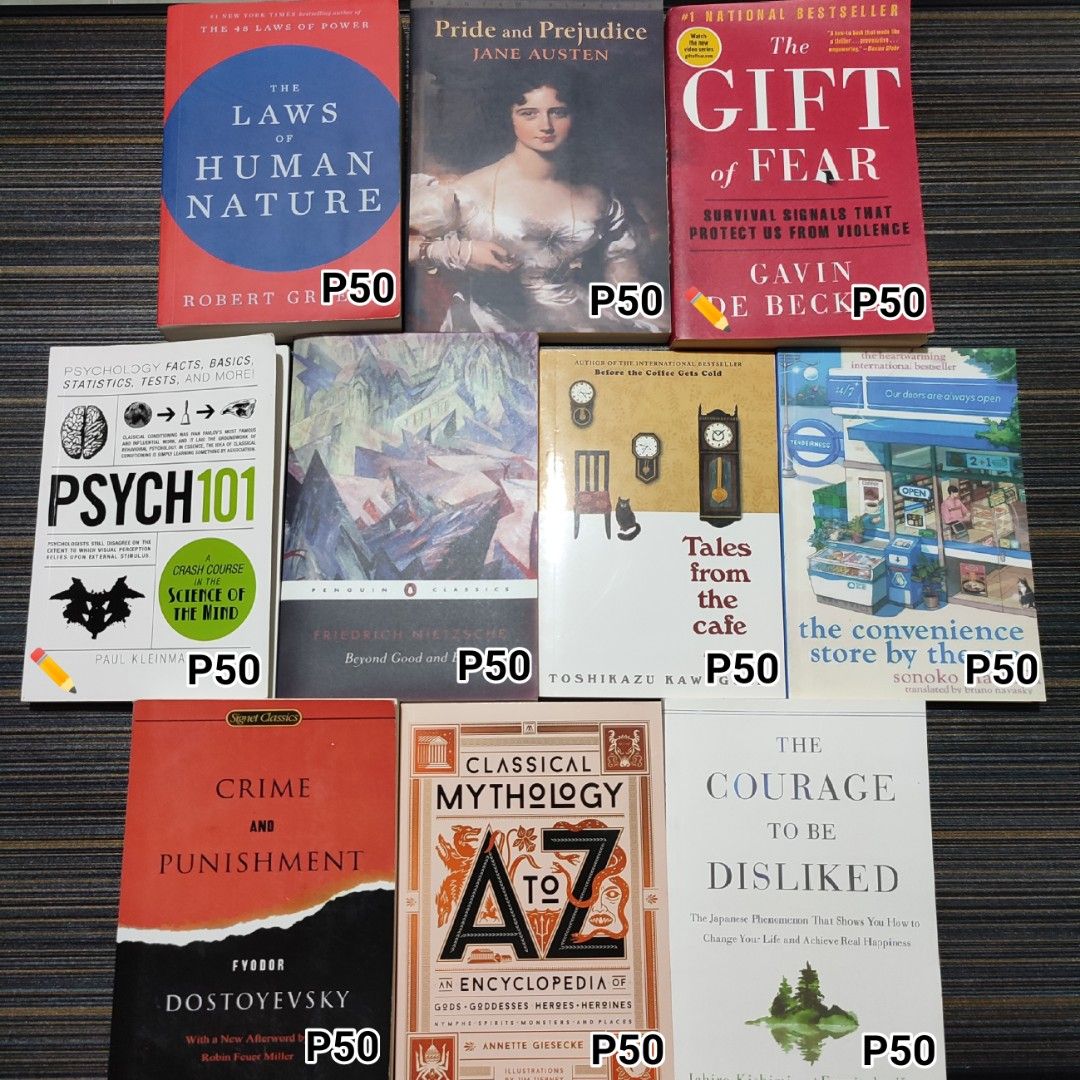 Assorted Pre-loved Books Clearance Sale (Category: Storybooks) located in San Pedro. Submitted by lmeol (Listing ID 1445589797, Image 3). Description: -Books marked with (✏️) have annotations/writing in them. -Higher priced ones are originals/authentic and some lower priced ones are dupes. STILL AVAILABLE: -Sherlock Holmes -Jane Eyre -Letters from a Stoic -Meditations -Frankenstein -Tales of Mystery -Alice in Wonderland -Hamlet -A Little Life -Ma