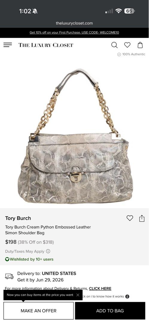 CLEARANCE SALE ❗️ Authentic Tory Burch Cream Python Embossed Leather Simon Shoulder Bag (Category: Luxury Bags & Wallets) located in Dasmarinas. Submitted by goaldeluxe (Listing ID 1445588819, Image 2). Description: Authentic Tory Burch Cream Python Embossed Leather Simon Shoulder Bag Good leather condition Metal hw are all shiny gold Clean interior 📍Dasmarinas City, Cavite.