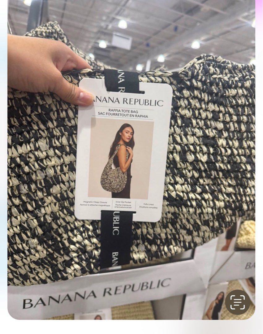 Banana Republic Raffia Tote Bag (Category: Beach Bags) located in Cavite. Submitted by 24g.ph (Listing ID 1445539455, Image 1). Description: - Cute Banana Republic raffia tote bag - Black and natural woven pattern - Magnetic snap closure - Fully lined interior - Ideal for everyday use or beach trips - One size fits all - From Costco Canada.