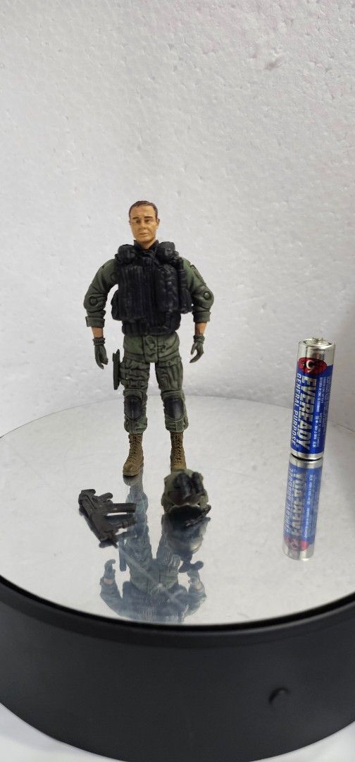 BBI 3.75" [1/18 Scale] Black Hawk Helicopter Pilot Figure (Category: Figurines & Statues) located in Baguio. Submitted by bitsbaguio (Listing ID 1445503432, Image 1). Description: - Detailed military action figure - Stands on a reflective surface - Perfect for collectors and display enthusiasts - Display base not included.