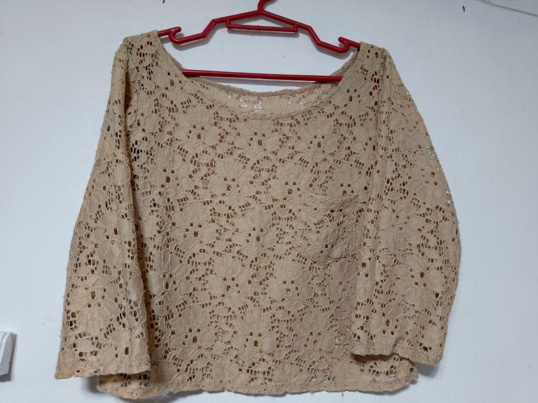 Beige Lace Blouse w/ Floral Pattern and Front Pocket (Category: Blouses) located in Quezon City. Submitted by missty. (Listing ID 1445527241, Image 2). Description: Beige lace top with wide neckline and a simple patch pocket on the left side..