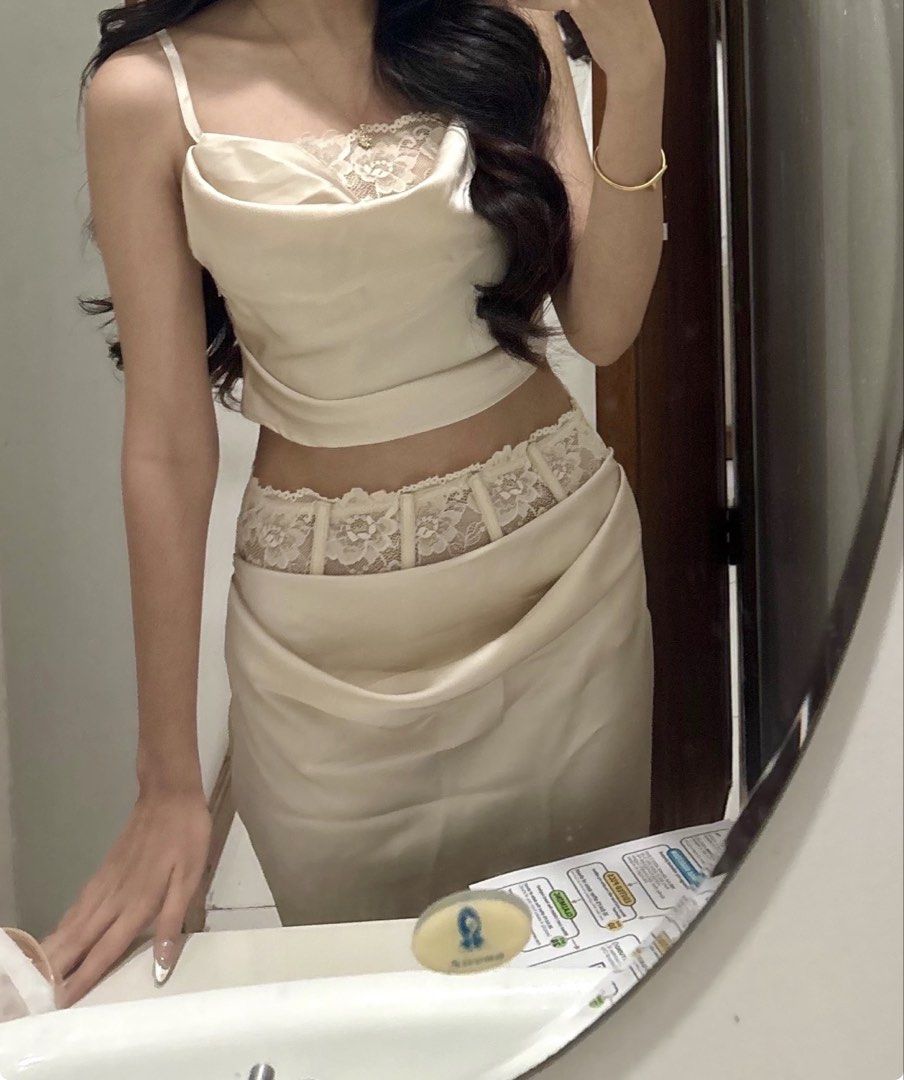Beige Lace Coords (Category: Sets or Coordinates) located in Manila. Submitted by chachips (Listing ID 1445597535, Image 3). Description: used only once can fit xs-small bought for 1k+ actual pics posted.