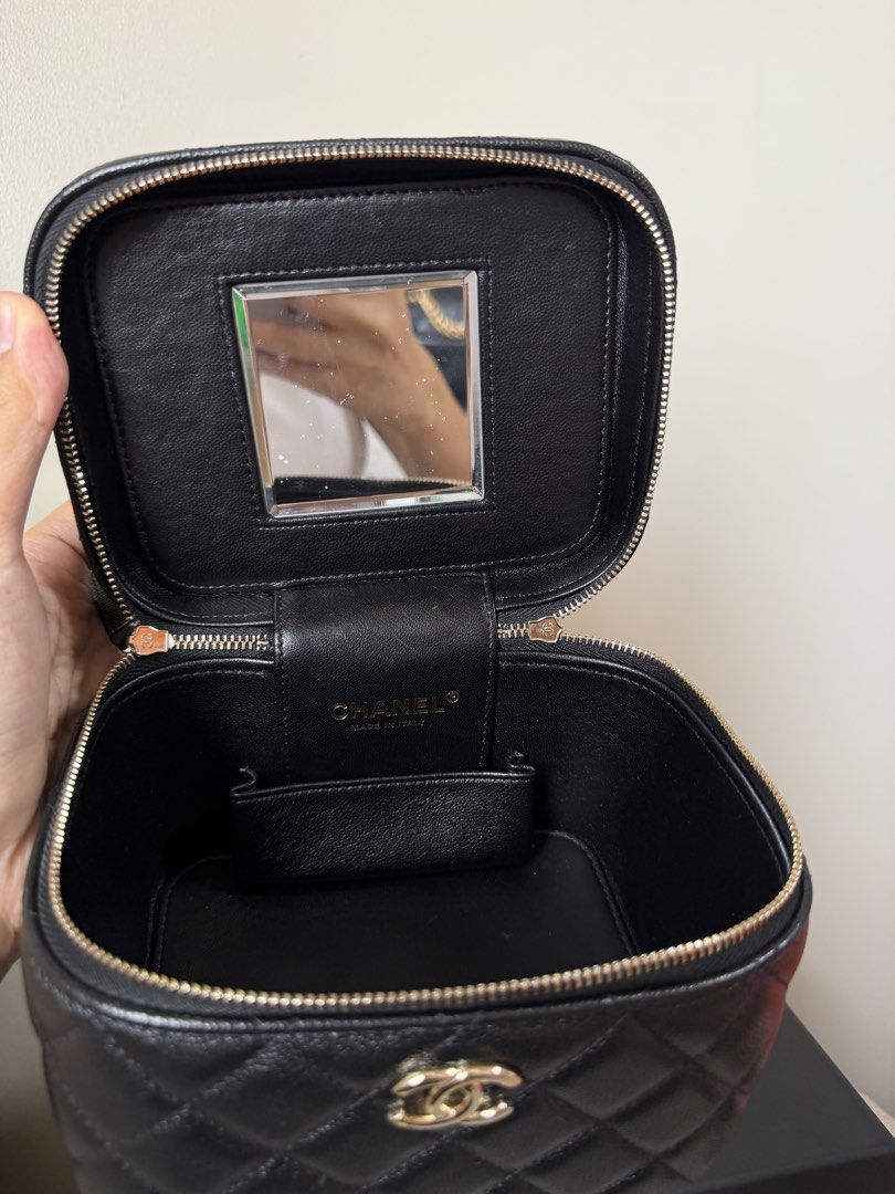Chanel Black Quilted Vanity Case Bag with Chain (Category: Luxury Bags & Wallets) located in Quezon City. Submitted by _cherryontop_ (Listing ID 1445567937, Image 2). Description: Like new condition Microchip embed Box,dust bag,authentication.