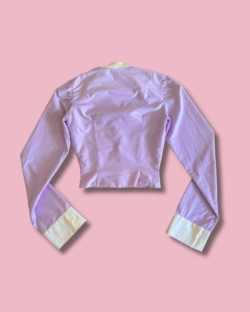 Contrast Collar and Cuff Purple Jacket (Category: Coats, Jackets and Outerwear) located in Quezon City. Submitted by foundmode (Listing ID 1445429735, Image 2). Description: Handmade 100% cotton Polyester lining Bust 32” Waist 24” Faded stain on sleeve, barely noticeable.