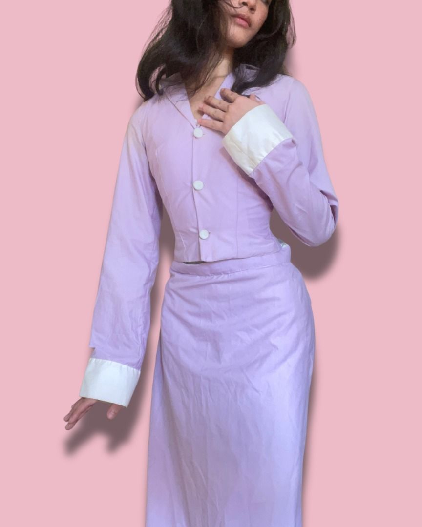 Contrast Collar and Cuff Purple Jacket (Category: Coats, Jackets and Outerwear) located in Quezon City. Submitted by foundmode (Listing ID 1445429735, Image 3). Description: Handmade 100% cotton Polyester lining Bust 32” Waist 24” Faded stain on sleeve, barely noticeable.