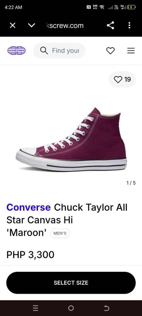 Converse Chuck Taylor All Star Canvas Hi Maroon (Category: Sneakers) located in Quezon City. Submitted by lucynsky (Listing ID 1445600292, Image 1). Description: - Maroon high-top Converse sneakers - Classic canvas style - Black laces - Soles show some wear but have plenty of grip - Great staple for any wardrobe.