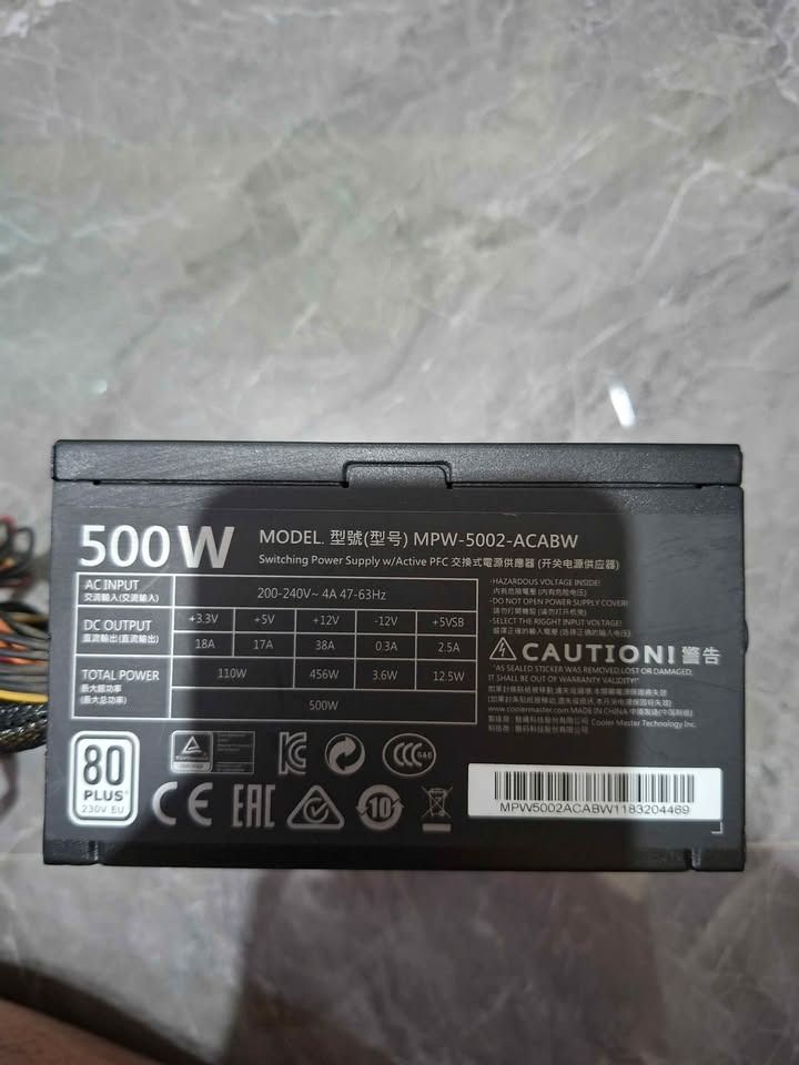 PSU Cooler Master MWE 500W Power Supply Unit (Category: Computer Parts) located in Pasig City. Submitted by reinnel.cat (Listing ID 1445468300, Image 2). Description: - Cooler Master MWE 500W Power Supply - Model: MPW-5002-ACABW - 80 PLUSCertified - Includes all necessary cables for desktop builds - Tested and confirmed working - Reason for selling: PC upgrade - PS: No Power Cord Included.