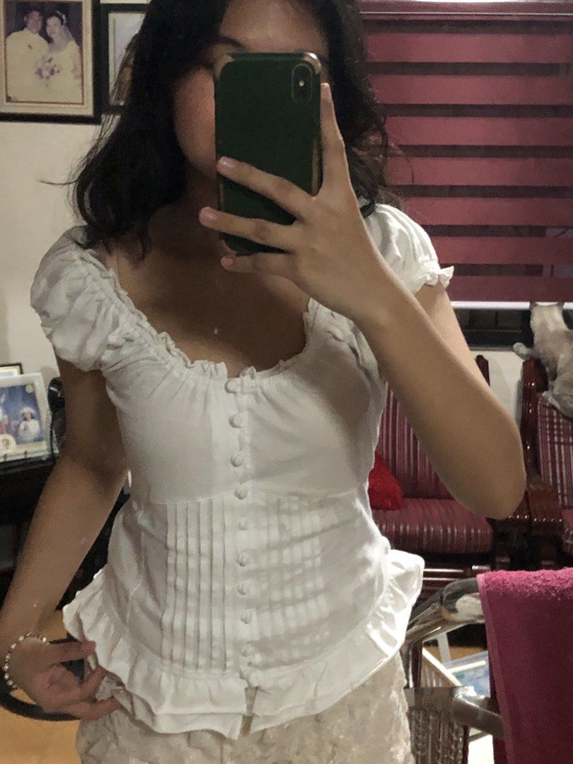 Corset White Puff Sleeve Square Neck Button Up Blouse (Category: Blouses) located in Porac. Submitted by readmyaboutfirst (Listing ID 1445597100, Image 2). Description: self tie med- l.