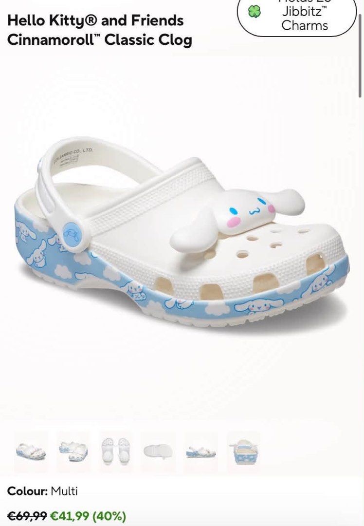 Crocs Hello Kitty Cinnamoroll Classic Clog White Blue (Category: Slippers and slides) located in Butuan. Submitted by rhose9224 (Listing ID 1445605833, Image 2). Description: - White Cinnamoroll Crocs - Features blue cloud and character details - Includes a cute Cinnamoroll Jibbitz charm on the front - Easy slip-on, slip-off design - Ideal for casual wear or lounging - Fun Sanrio collaboration.