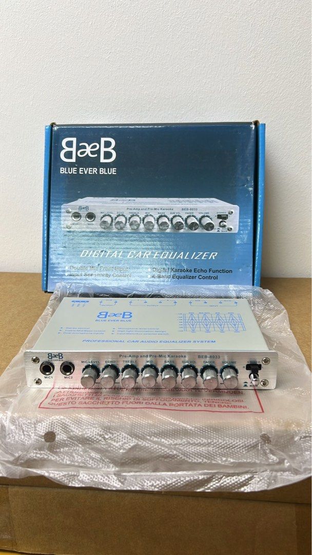 Digital Car Equalizer (Category: Audio Systems) located in Singapore. Submitted by ericlin82 (Listing ID 1445433721, Image 1). Description: - BLUE EVER BLUE BED-8033 Digital Car Equalizer - Professional car audio system - Pre-amp and pre-mic karaoke functions - Digital karaoke echo - 4-band equalizer control - Double mic front input - Input sensitivity control - Includes original box.