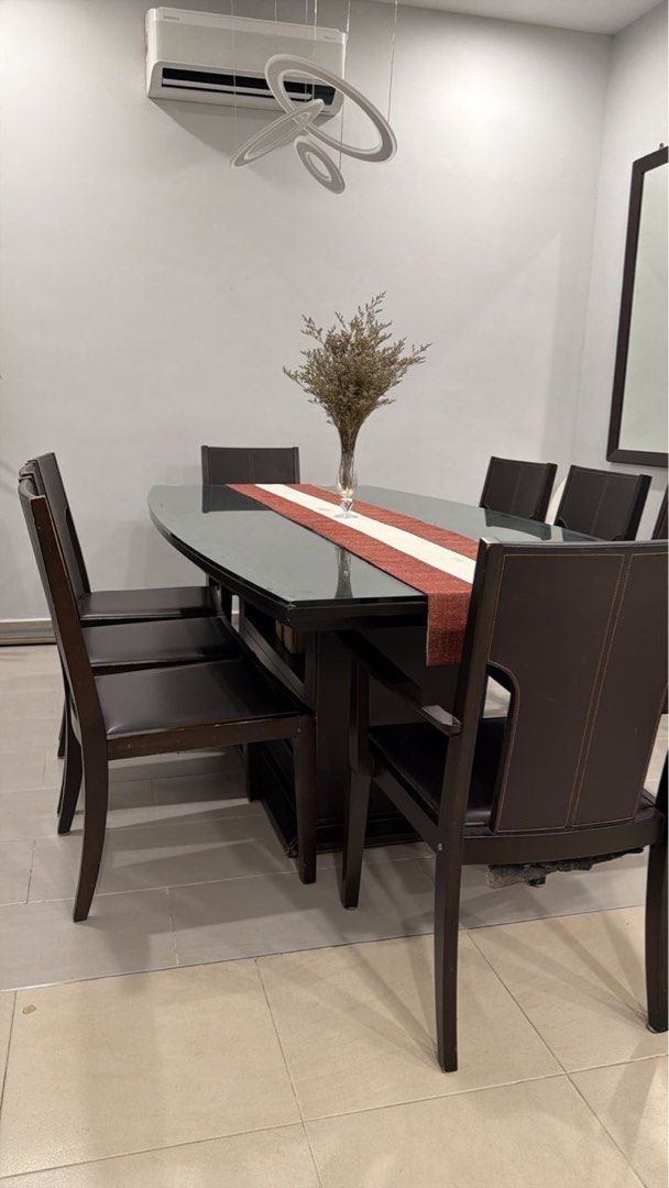Dining table (Category: Tables & Sets) located in Shah Alam. Submitted by ssmm25 (Listing ID 1445461648, Image 1). Description: Lorenzo Bought rm7000 Let go to change new furniture Self pick up 220x115 tempered glass n solid wood w leather n woods seats.