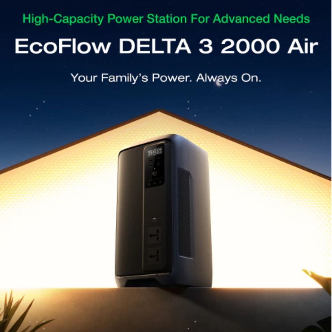 EcoFlow DELTA 3 2000 Air Portable Power Station (Category: Batteries & Power Banks) located in Manila. Submitted by vmidirect (Listing ID 1445443705, Image 2). Description: EcoFlow DELTA 3 2000 Air *Key Features 10ms UPS Protection: Instantly takes over during a power outage to protect sensitive devices such as PCs and internet routers. Fast Charging: Recharges from 0–100% in just 2 hours via an AC wall outlet without bulky adapters. Solar Integr