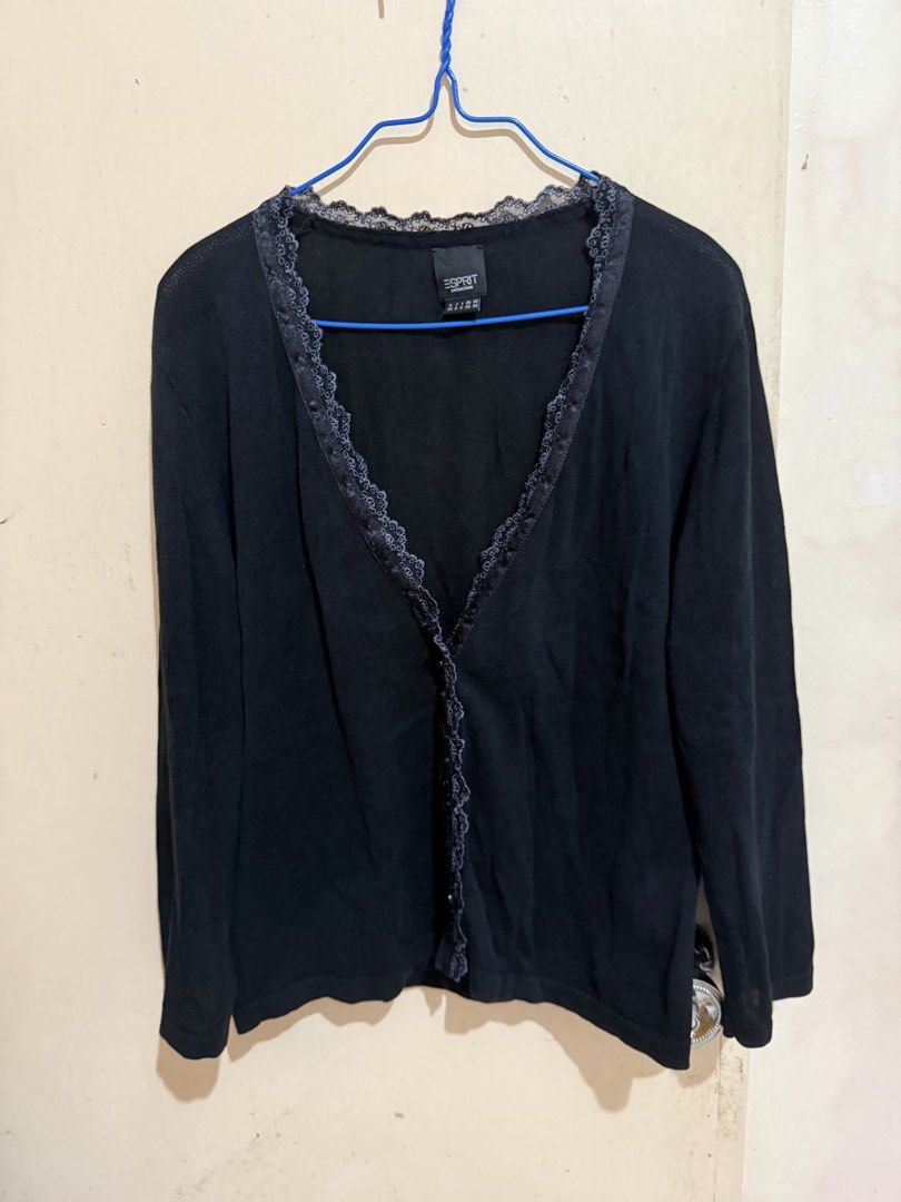 Esprit Black Lace Trim Button Up Cardigan (Category: Coats, Jackets and Outerwear) located in Vinzons. Submitted by lilys_space (Listing ID 1445469588, Image 1). Description: Description: lace trim along neckline and button placket, long sleeves, lightweight knit fabric, long sleeves Flaws: Has one missing button at the top of the button placket, has small stains on the right cuff. Payment Methods: Gcash, Maya, Maribank, BDO, BPI Meet up: Vinzons