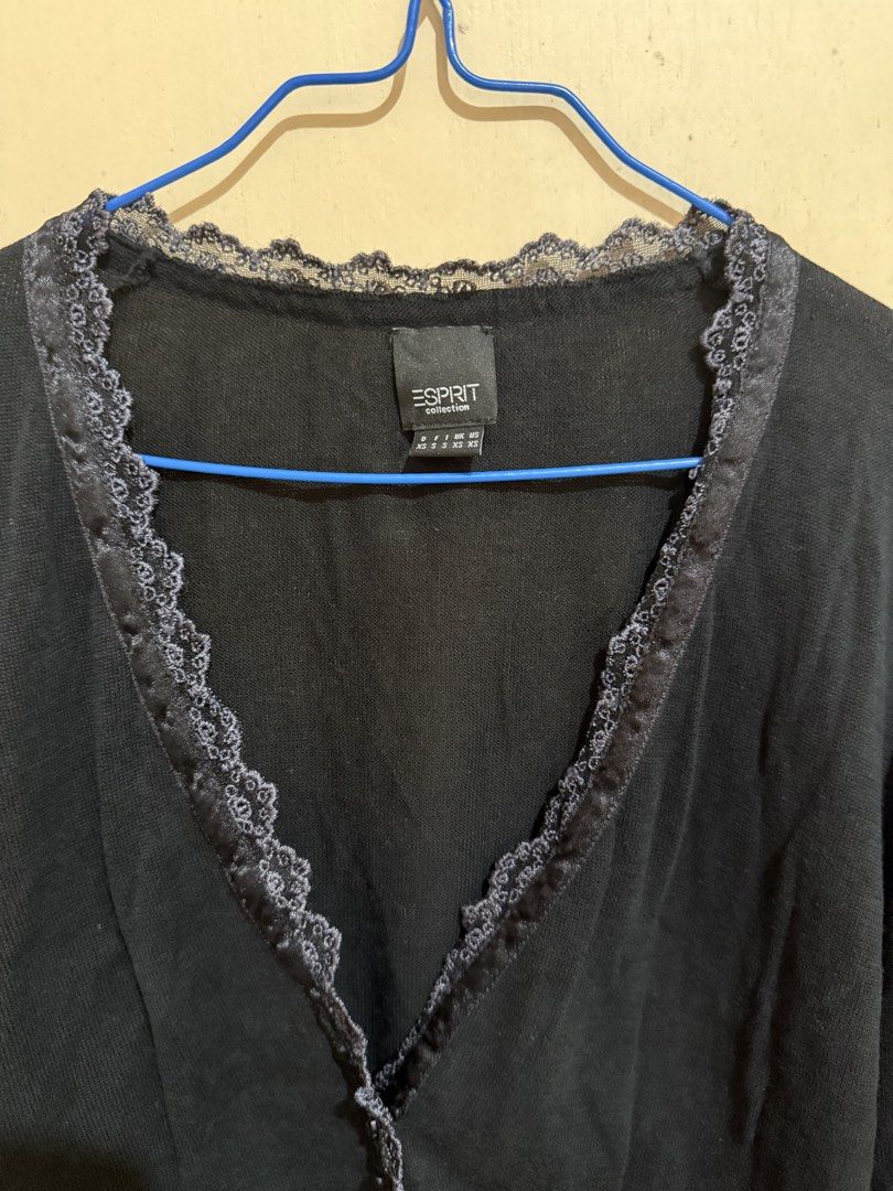 Esprit Black Lace Trim Button Up Cardigan (Category: Coats, Jackets and Outerwear) located in Vinzons. Submitted by lilys_space (Listing ID 1445469588, Image 3). Description: Description: lace trim along neckline and button placket, long sleeves, lightweight knit fabric, long sleeves Flaws: Has one missing button at the top of the button placket, has small stains on the right cuff. Payment Methods: Gcash, Maya, Maribank, BDO, BPI Meet up: Vinzons