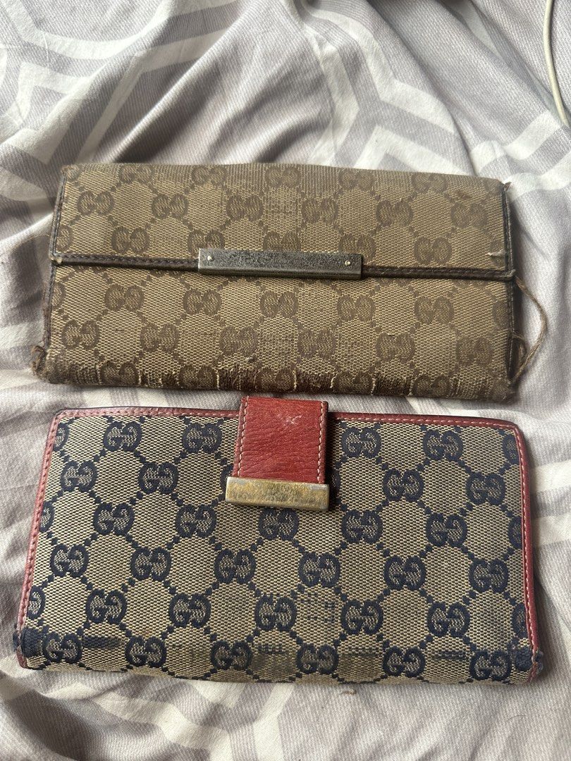Gucci Monogram Wallet (project) bundle (Category: Luxury Bags & Wallets) located in Bustos. Submitted by theprelovedshopbulacan (Listing ID 1445443670, Image 1). Description: - Set of 2 authentic Gucci wallets. - Wallet 1: Classic GG monogram canvas with silver hardware. - Wallet 2: GG monogram canvas exterior with red leather interior and red leather snap closure..