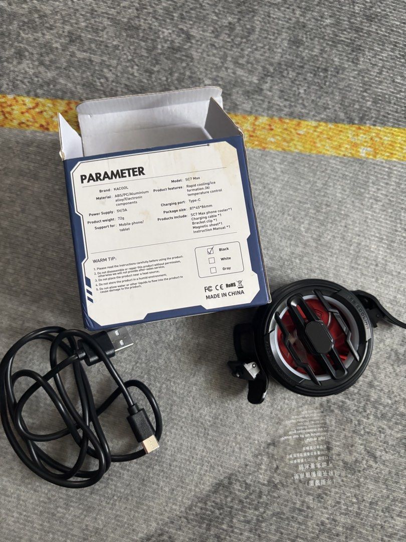 KACOOL SC7 MAX AI Super Smartphone Cooler (Category: Android Others) located in Bacoor. Submitted by jcadnolav (Listing ID 1445426811, Image 3). Description: - KACOOL SC7 MAX AI Super Smartphone Cooler - Rapid cooling for your device - Convenient USB Type-C charging port - Includes charging cable and instruction manual - Ultra-lightweight at only 72g - Compatible with both mobile phones and tablets.