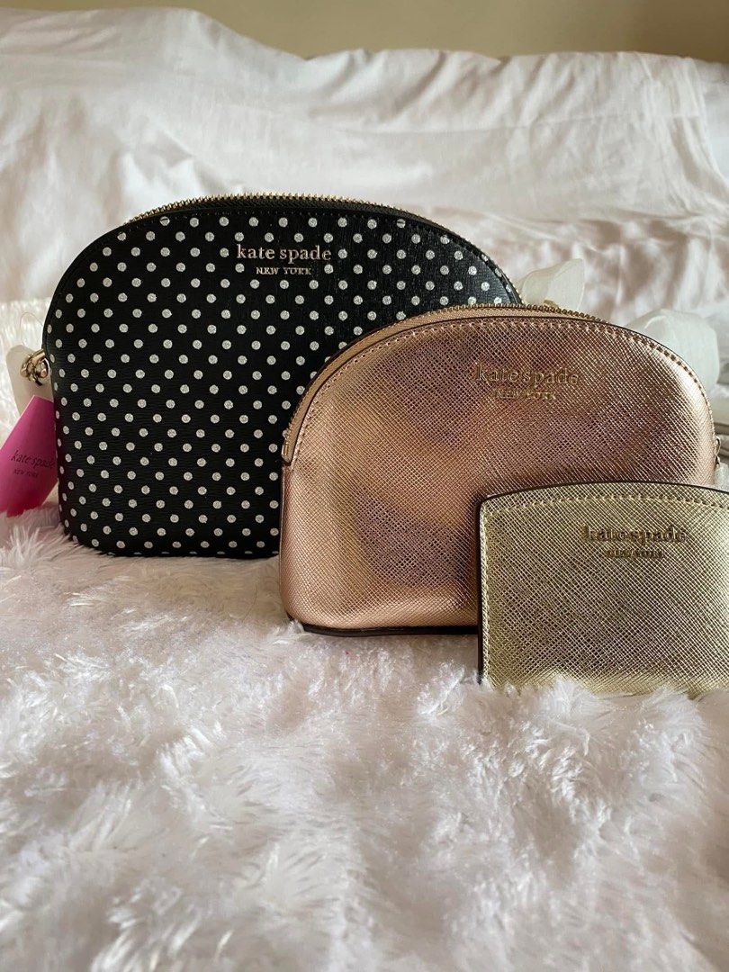 Kate Spade Mixed Crossbody set (Category: Luxury Bags & Wallets) located in Manila. Submitted by luckydragon_6bb637 (Listing ID 1445473892, Image 2). Description: Brand new Authentic Kate Spade 3 in 1 printed pvc and saffiano leather spade flower jacquard and faille lining small dome crossbody: 5”h x 7”w x 2”d small dome cosmetic case: 4”h x 7”w x 2”d cardholder: 3”h x 3”w small dome crossbody with zipper closure, adjustable shoulder strap small 