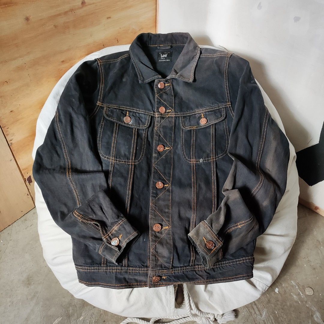 Lee Denim Jacket Black Orange Stitching Size M (Category: Coats, Jackets and Outerwear) located in Maria Aurora. Submitted by pewpewww22 (Listing ID 1445504396, Image 1). Description: dimes-20 by 26 inch issue fade.