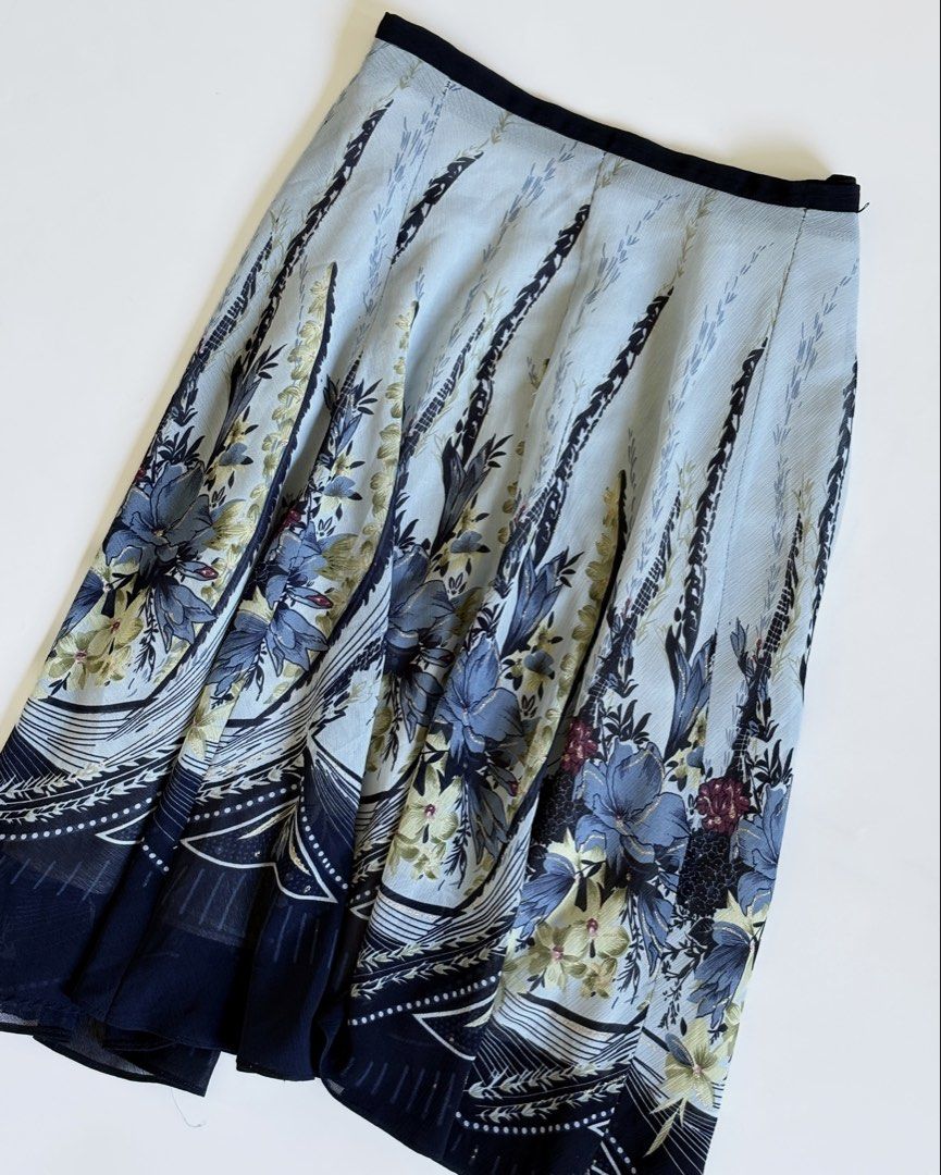 Light Blue Floral Midi Skirt (Category: Skirts) located in Manila. Submitted by secondtimearound__ (Listing ID 1445524368, Image 2). Description: Flowy blue floral midi skirt with navy trim. Light, airy fabric perfect for warm weather. Black waistband..