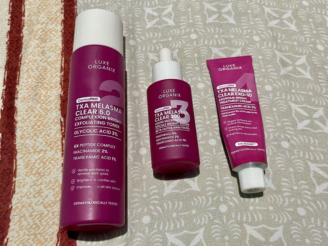 Luxe Organix DermaPro TXA Melasma Clear Set (Category: Face Care) located in Manila. Submitted by tineferna08917 (Listing ID 1445510417, Image 1). Description: - Luxe Organix DermaPro TXA Melasma Clear Set - Includes: Exfoliating Toner, Bright Serum, Treatment Cream - Benefits: Brightens and clarifies skin, reduces dark spots - Features: Gentle exfoliation, improves skin texture - Dermatologically tested.