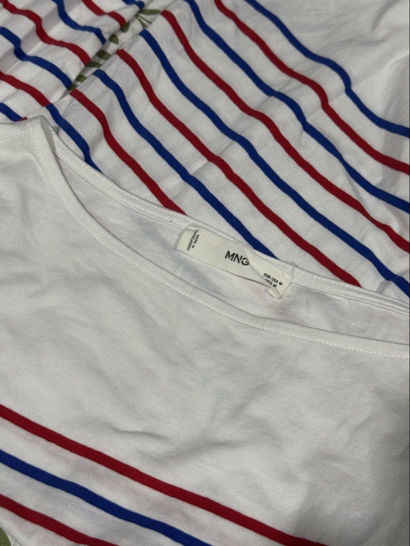 mango red and blue striped long sleeve top (Category: Longsleeves) located in Bacoor. Submitted by ukhayz (Listing ID 1445529664, Image 2). Description: white long sleeve top with red and blue stripes boat neckline, three-quarter sleeves bust: 38 waist: 36 length: 22 mop: gcash / bdo.