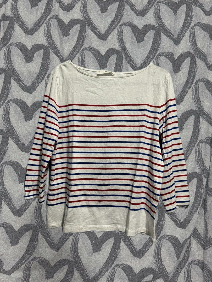 mango red and blue striped long sleeve top (Category: Longsleeves) located in Bacoor. Submitted by ukhayz (Listing ID 1445529664, Image 1). Description: white long sleeve top with red and blue stripes boat neckline, three-quarter sleeves bust: 38 waist: 36 length: 22 mop: gcash / bdo.