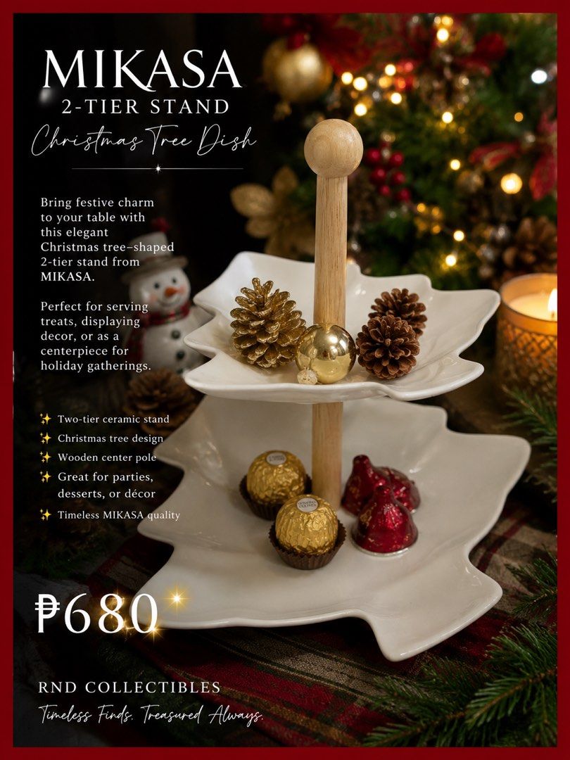 Mikasa 2-Tier Christmas Tree Dish Stand (Category: Dinnerware & Cutlery) located in Batangas. Submitted by rnd_collectibles08 (Listing ID 1445547457, Image 1). Description: - Elegant Mikasa 2-tier stand in a festive Christmas tree shape. - Ideal for serving holiday treats, desserts, or as a decorative centerpiece. - Features a durable ceramic tree design with a sturdy wooden center pole. - Adds timeless Mikasa quality and charm to your holiday ga