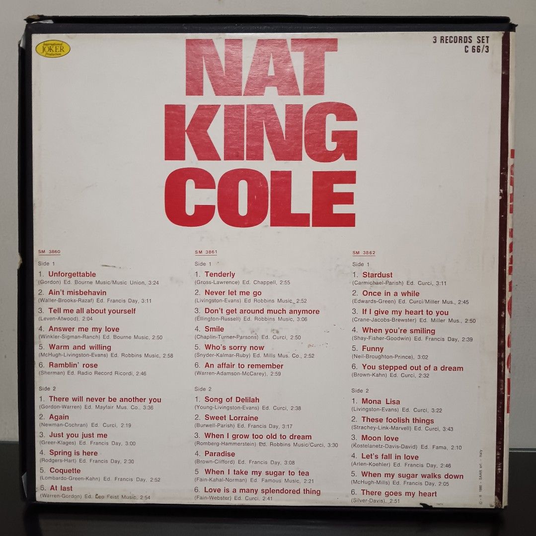 Nat King Cole 3 Records Set (Category: Vinyls) located in Quezon City. Submitted by berneydorm47659 (Listing ID 1445587797, Image 2). Description: - Nat King Cole 3-record vinyl set - Includes many of his most popular hits - Tracklist clearly visible in photos - A must-have collection for any Nat King Cole fan - pressed in Italy .
