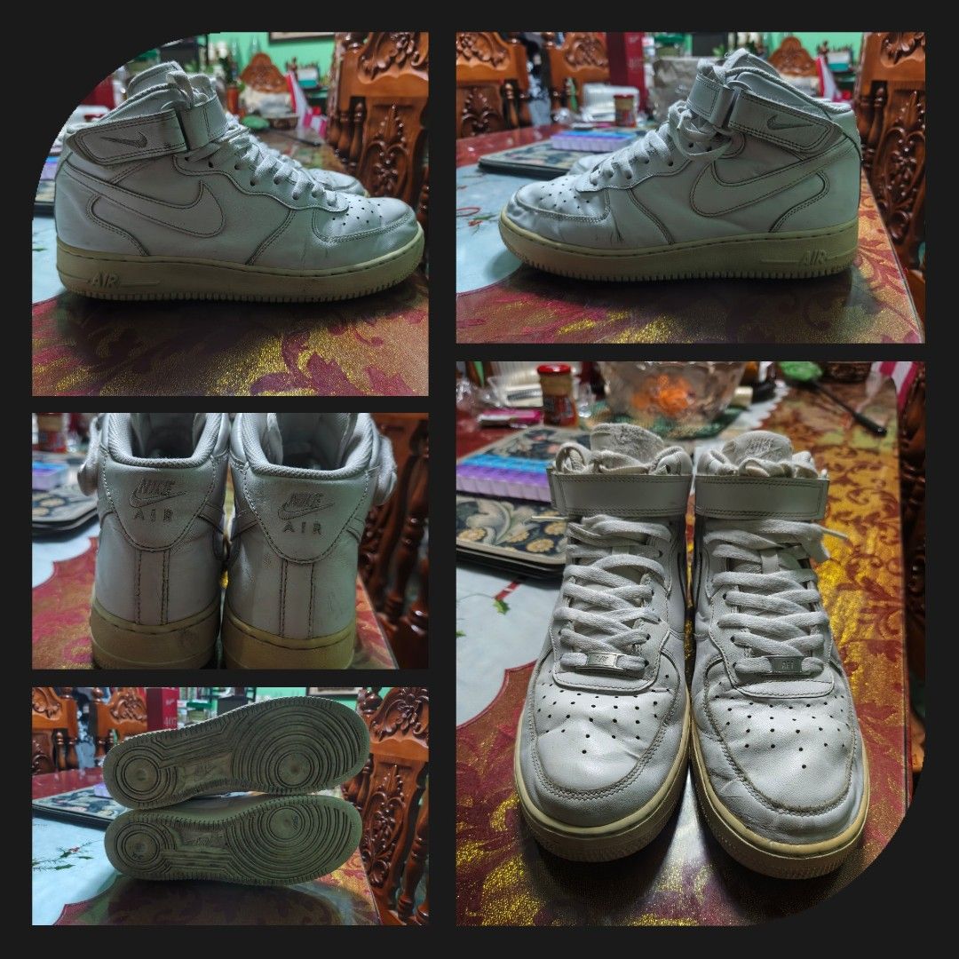 Nike Air Force 1 Mid White Sneakers (Category: Sneakers) located in Bacoor. Submitted by davealvare39194 (Listing ID 1445489158, Image 1). Description: Classic white Nike Air Force 1 Mids. High-top design for ankle support. Some signs of wear on the soles and uppers. Still plenty of life left in these iconic kicks. Great for casual wear..