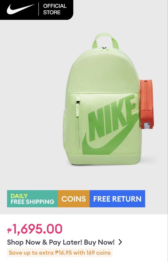 Nike Older Kids' Elemental Backpack (20L) - Light Liquid Lime (Category: Babies & Kids Fashion) located in Makati City. Submitted by blissfulmom09 (Listing ID 1445450229, Image 2). Description: Brand new / sealed / with tag **LAST PRICE POSTED.