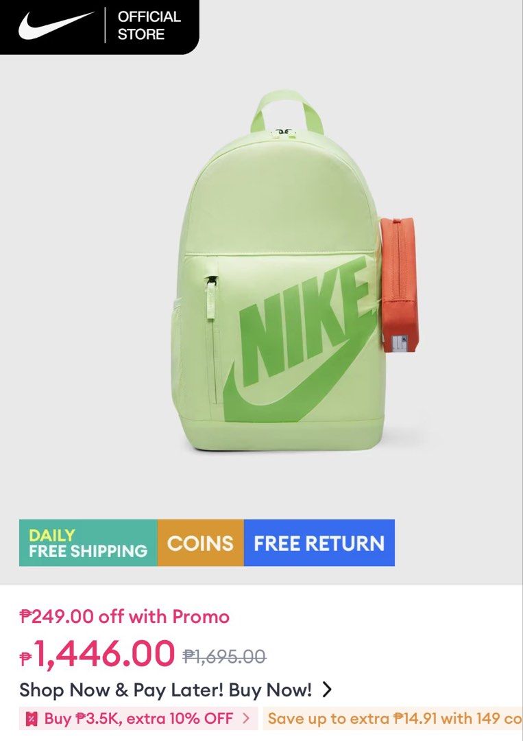 Nike Older Kids' Elemental Backpack (20L) - Light Liquid Lime (Category: Babies & Kids Fashion) located in Makati City. Submitted by blissfulmom09 (Listing ID 1445450229, Image 1). Description: Brand new / sealed / with tag **LAST PRICE POSTED.