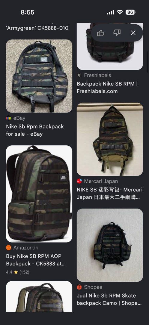 Nike SB RPM Camo Backpack 29 liter (Category: Backpacks) located in Manila. Submitted by wiseearth.075b2f (Listing ID 1445548068, Image 1). Description: - Nike SB RPM Backpack camou -₱2575 -issue crack paint lang yung black the rest is excellent condition -100% legit - Stylish camouflage pattern - Multiple pockets for organization - Straps for carrying extra gear - Ideal for school or skateboarding.