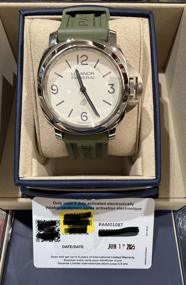 Panerai Luminor Base Logo (Category: Luxury Watches) located in Makati City. Submitted by itsyourwatches (Listing ID 1445443494, Image 3). Description: - Panerai Luminor Base Logo - White dial with Arabic numerals - Manual wind - Comes with a green rubber strap - Ref: Pam1087 - Original box included - International limited warranty valid until 2025.