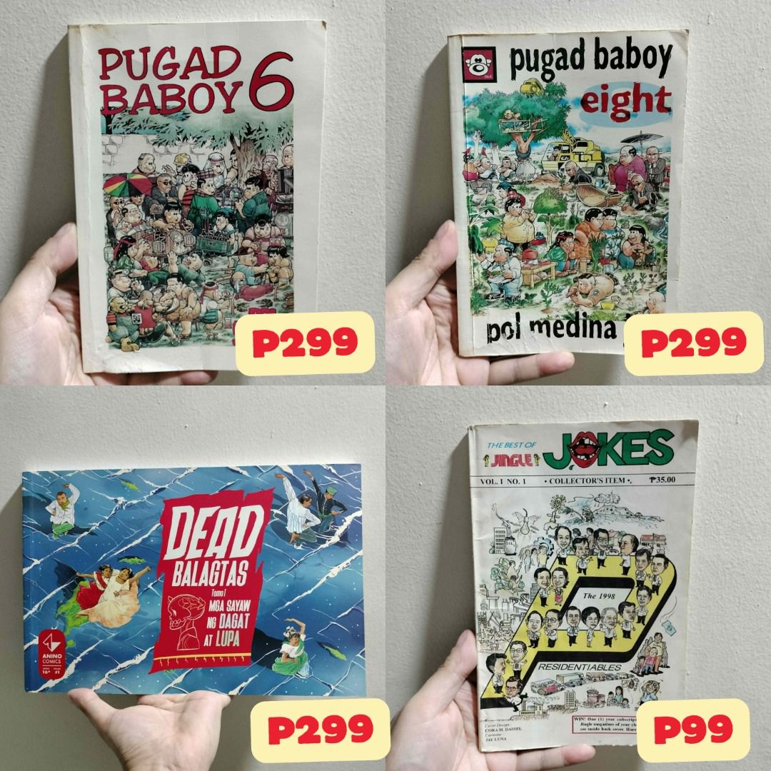 PINOY KOMIKS/GRAPHIC NOVELS (Category: Comics & Manga) located in Antipolo. Submitted by serjyms (Listing ID 1445517728, Image 1). Description: PINOY KOMIKS/GRAPHIC NOVELS [SOLD] 1. Pugad Baboy 6 Pol Medina Jr., Anvil Publishing, Inc., 1998 (7th Printing), 74 pages Issue: Tears on cover, water stain in few pages, cracked spine but complete & intact pages Selling Price: 299+sf [SOLD] 2. Pugad Baboy 6 Pol Medina Jr., Anvil Publishing, Inc., 1998 (3