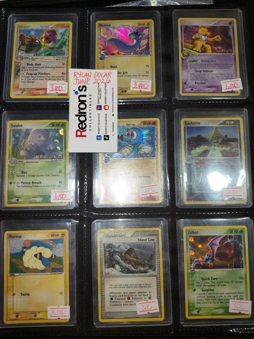 Pokemon Cards For Sale Assorted in Toploader Binder (Category: Raw Singles) located in Manila. Submitted by redron.dolarrylan (Listing ID 1445605662, Image 3). Description: - Collection of Pokemon cards for sale. - Some cards are holographic, adding rarity and value. - Prices are clearly marked on each card in the provided photos. - Ideal for both dedicated collectors and active players. - Feel free to ask any questions about specific cards. - Do