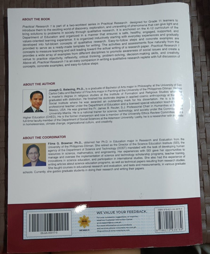 Practical Research 1 New Edition Rex Applied Track K12 Textbook (Category: Textbooks) located in Antipolo. Submitted by taroh (Listing ID 1445575414, Image 2). Description: - Grade 11 Practical Research 1 Textbook - Author: Joseph G. Balaoing, Ph.D. - Coordinator: Filma G. Brawner, Ph.D. - Introduces students to the world of research - Covers discovery, exploration, and financial literacy - Part of a two-workset series - Organized inductively, st