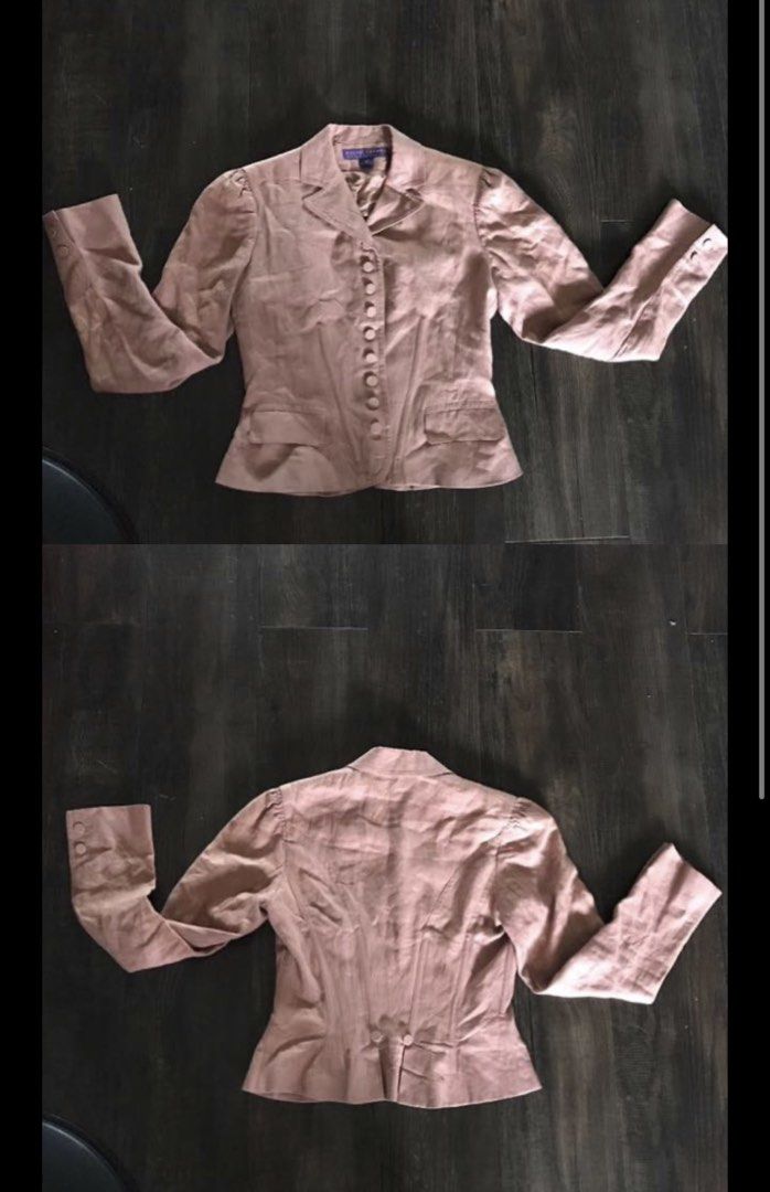 Ralph Lauren Collection Linen Blend Blazer Size small (Category: Coats, Jackets and Outerwear) located in Binan City. Submitted by betchayboutique (Listing ID 1445541784, Image 1). Description: - Ralph Lauren Collection Blazer - Size: small - Color: Light pink hue - Features: Button front, tailored fit, puff sleeves - Versatile: Great for dressing up or down.