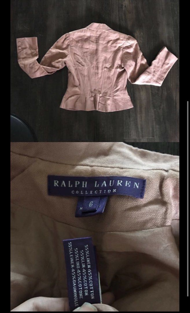 Ralph Lauren Collection Linen Blend Blazer Size small (Category: Coats, Jackets and Outerwear) located in Binan City. Submitted by betchayboutique (Listing ID 1445541784, Image 2). Description: - Ralph Lauren Collection Blazer - Size: small - Color: Light pink hue - Features: Button front, tailored fit, puff sleeves - Versatile: Great for dressing up or down.