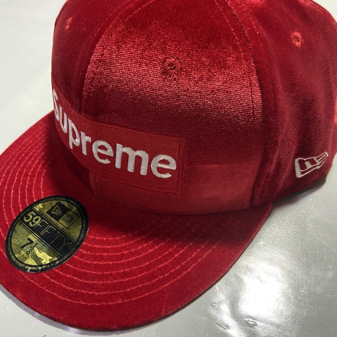 red Supreme Velour Box Logo New Era cap (Category: Caps & Hats) located in Manila. Submitted by tepthirft (Listing ID 1445561852, Image 2). Description: red Supreme Velour Box Logo New Era cap excellent condition no issue .