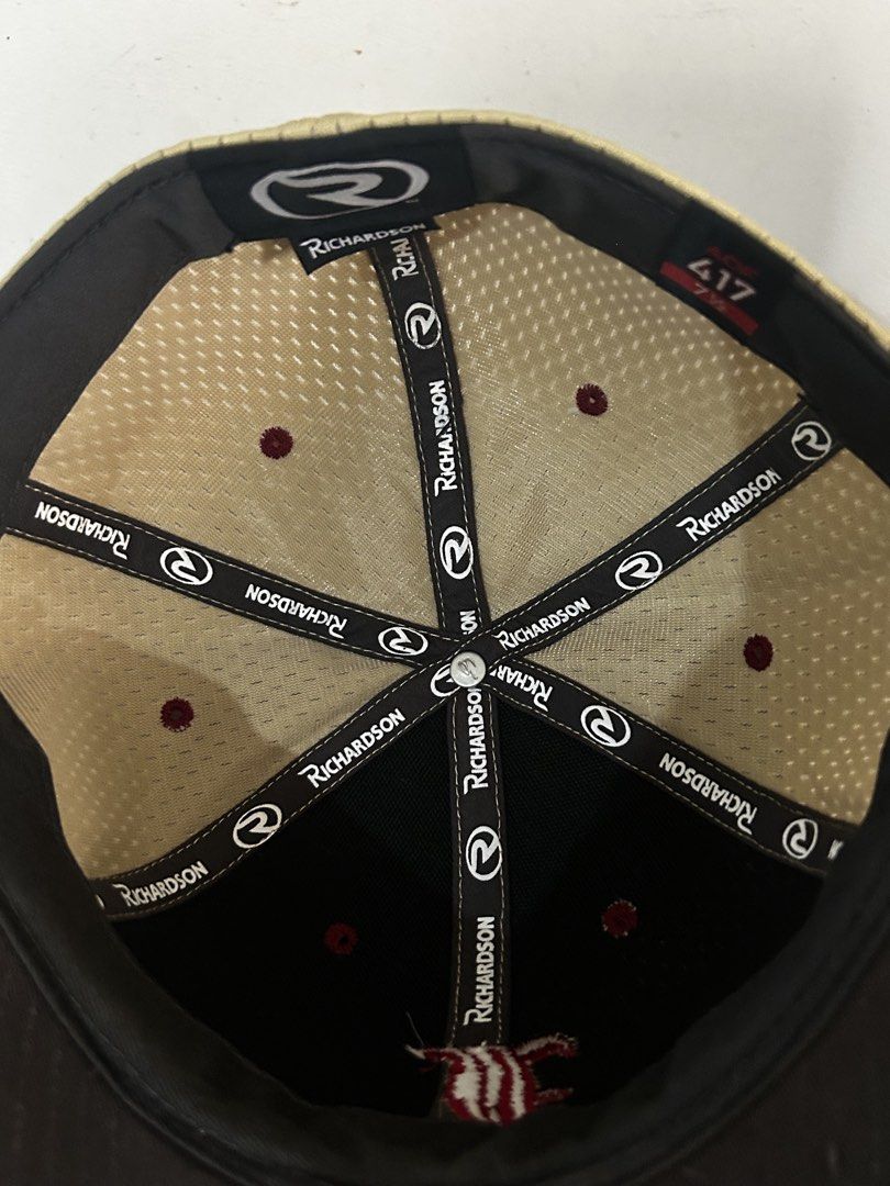 Richardson 417 Baseball Cap - Tan/Maroon - Size 7 1/2 (Category: Caps & Hats) located in Manila. Submitted by fierce_capgame (Listing ID 1445438707, Image 2). Description: - Richardson 417 Tan Mesh Baseball Cap - Maroon Brim - Embroidered 'L' Logo - Size: 7 1/2 - Adjustable Strap - Suitable for Sports or Casual Wear - Shows some signs of wear.