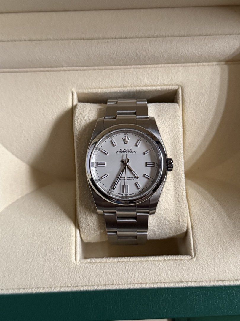 Rolex Oyster Perpetual 116000 (Category: Luxury Watches) located in Santa Rosa. Submitted by zweljie (Listing ID 1445502052, Image 2). Description: For sale or trade: Rolex Oyster Perpetual 116000, from 2019. Watch comes complete with double box, card and hang tag, manual and extra link. Pictures don’t do justice to how beautiful and fresh this watch is😍 Condition is 9/10. Works perfectly and keeps good time. Asking 430k for this beauty. Open to