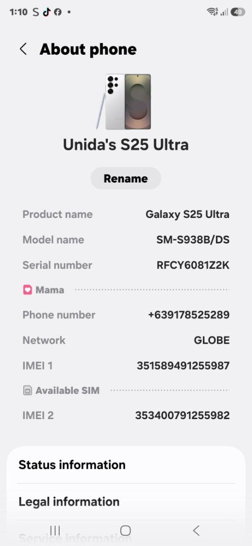 Samsung Galaxy S25 Ultra (Category: Samsung) located in Quezon City. Submitted by unida.fabian (Listing ID 1445496887, Image 3). Description: - Samsung Galaxy S25 Ultra - Includes original box and thank you card - Impressive rear camera setup - Network and phone details visible in 'About phone' section.