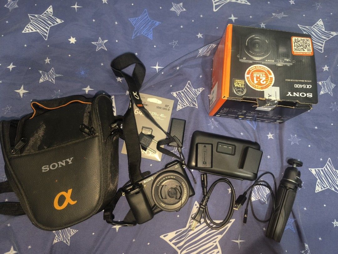 Sony Alpha a6400 Mirrorless Camera with Accessories (Category: Cameras) located in Antipolo. Submitted by mejiagladi43258 (Listing ID 1445509080, Image 3). Description: Sony Alpha a6400 Camera - Original Box - Charger - Two (2) Batteries - 64GB SD Card - Sony Camera Bag - Small Tripod - Everything you need to start shooting! with Dry Box!!.