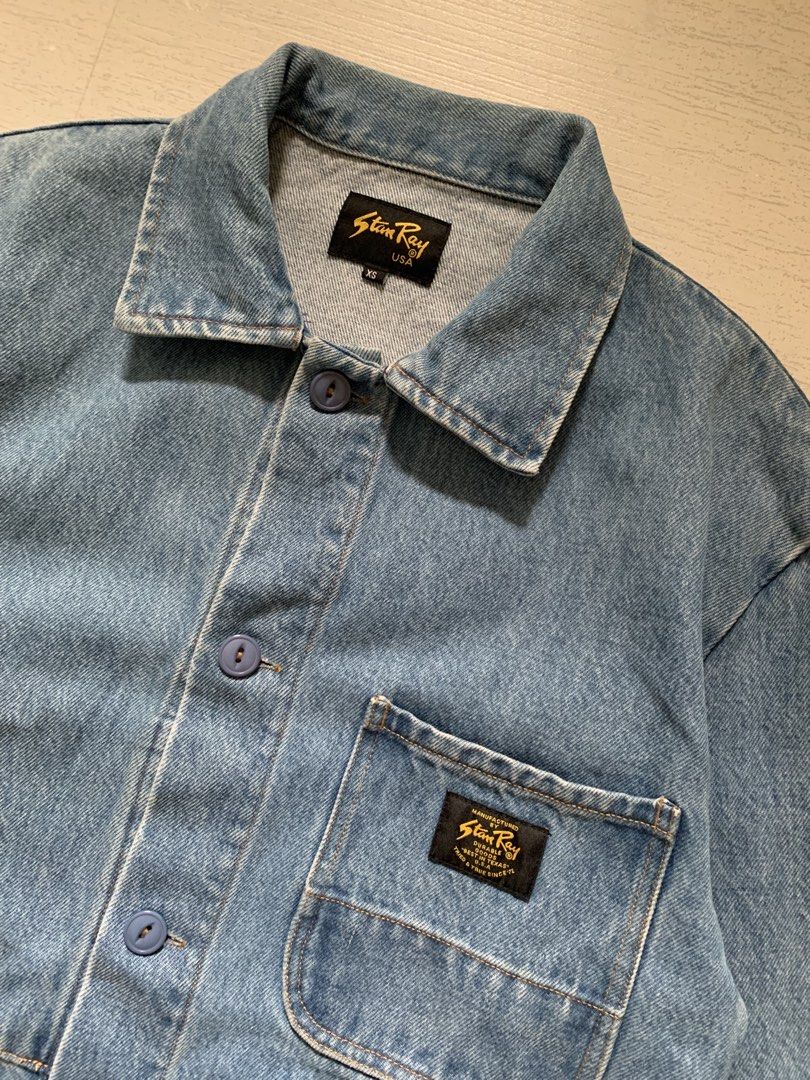 Stan Ray Denim Chore Jacket - Light Wash (Category: Coats, Jackets and Outerwear) located in Manila. Submitted by yel727 (Listing ID 1445564275, Image 2). Description: - Classic light wash denim chore jacket by Stan Ray - Features a button-up front - Multiple functional pockets - Ideal for layering over outfits - Made in the USA - Size XS best to Medium Width - 20 inches Length - 28 inches Great Condition.
