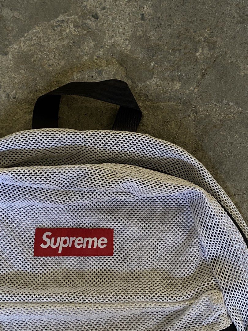 Supreme Mesh Backpack White (Category: Backpacks) located in Manila. Submitted by banayadwhizskii (Listing ID 1445604169, Image 2). Description: Supreme white mesh backpack with front zip pocket and adjustable straps. Perfect for daily use. - AUTHENTIC 💯.
